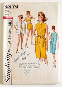 1960s Simplicity printed pattern #4976 Misses One Piece Dress, Shirt, Lined Bra-Top and Shorts: V1 straight dress is sleeveless and collarless with patch pockets and top-stitch or braid-trim. Tie belt is optional. V2 and 3 the bra has low, round neckline, and shorts have side-slits. They are braid-trimmed in V2, top-stitched in V3. Shirt in V3 has self-roll-up-sleeves. size 10 bust 31 waist 24 hip 33 Partially cut, complete with instructions. Envelope good: tab intact. Listing is for a vintage s Beach Sewing Pattern, Short Jacket Pattern, 1950s Sewing Patterns, Dress Swimsuit, Robes Vintage, Womens Shift Dresses, Simplicity Sewing, Simplicity Sewing Patterns, Straight Dress