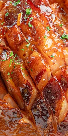 closeup of meat with sauce and parsley on top