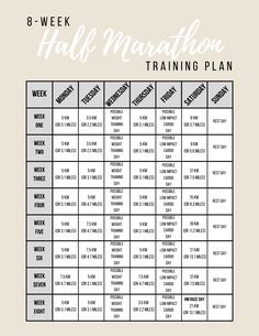 the 8 - week half marathon training plan is shown in black and white with text