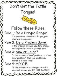 a yellow and black sign that says, don't get the tattle tongue follow these rules