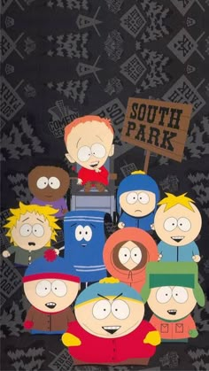 the south park characters are standing together in front of a black background with white lettering