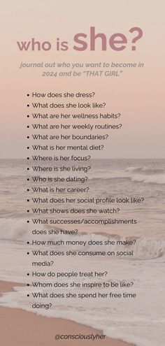 #glowuptips #beautyhacks #skincare #selfcare #transformation #glowupchallenge #makeupgoals #healthyhabits #selflove #confidenceboost Writing Prompt Journal, Who Is She Questions, How To Create A New Identity, Ideal Self Journal Prompts, How To Create A New Version Of Yourself, Becoming Her Journal Prompts, How To Find Who You Are, The Most Interesting Woman In The Room, Who Is She Journal Prompts