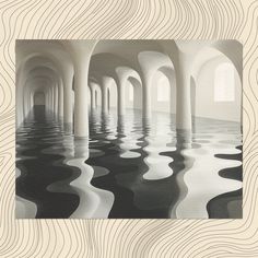 an abstract painting with wavy lines on the wall and water in the foreground, surrounded by columns