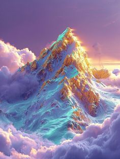 a mountain in the sky with clouds around it and sun shining down on it's peak