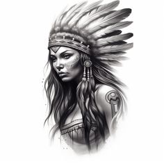 a drawing of a native american woman with feathers on her head and an arrow in her hand