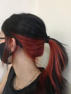 Brown Hair Red Ends, Black Hair Red Underneath, Black Hair With Red Ends, Under Dye Hair, Red Underneath Hair, Red Underdye Hair, Under Dye, Black And Red Hair