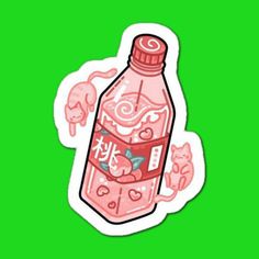 a sticker with an image of a pink liquid bottle on the bottom and words written in chinese