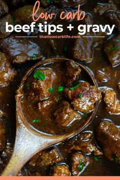 beef tips and gravy in a skillet with text overlay that reads low carb beef tips and gravy