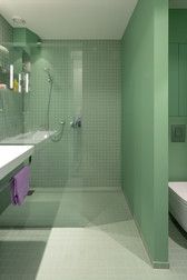 a bathroom with green walls and tile flooring