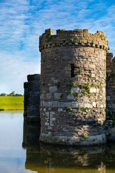 an old brick castle sitting on top of a lake next to a lush green field