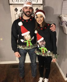 His And Her Ugly Christmas Sweater, Ugly Sweater Family Ideas, Ugly Christmas Sweater Ideas For Couples, Couple Ugly Sweater Ideas, Diy Ugly Christmas Sweater Ideas Funny Couples, Couples Ugly Christmas Sweaters Diy, Ugly Sweater Couple Ideas, Diy Ugly Christmas Sweater Couples, Christmas Ugly Sweater Outfits