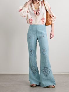 Alix of Bohemia's flared 'Charlie' pants are inspired by classic '70s styles and updated with whimsical details. They're made from lightweight linen and accented with patches of intricate guipure lace. Balance the high-rise waist with a cropped or tucked-in top. Alix Of Bohemia, Style Goals, Flat Dress Shoes, Floral Dresses Short, Elegant Lady, Sport Swimwear, Guipure Lace, Flared Pants, Flowy Skirt