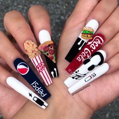 NAILPRO Magazine on Instagram: “Currently thinking of 🍔🍕🥤🍿🤤 . . . Can we talk about how closely @hnnailsbyhoney matched this set to the actual emojis 🍔🍕🍿🥤 #talent” Food Nails, Punk Nails, Exotic Nails, Crazy Nails, Fire Nails, Coffin Nails Designs, Pretty Acrylic Nails, Dope Nails