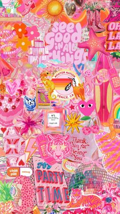 a collage of pink and orange stickers