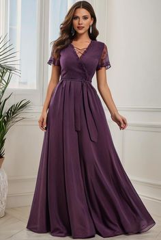 plus size v neck ribbon waist formal evening dress with sleeves 111180 Solid V-neck Dress For Semi-formal Occasions, Solid Color V-neck Dress For Semi-formal Occasions, Semi-formal Solid V-neck Dress, Formal Maxi Dress With Surplice Neckline For Spring, Chiffon V-neck Dress For Work, Formal Short Sleeve Maxi Dress In Solid Color, Purple V-neck Maxi Dress For Prom, Formal Short Sleeve Solid Color Maxi Dress, Short Sleeve Solid Color Maxi Dress For Formal Occasions