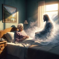 a man and woman sitting on top of a bed in a room filled with fog