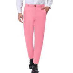 These pants have a flat front with a zipper, and classic solid trousers are a choice for business bottoms. The pants with bright solid color design can match you with many different styles. Made of soft and lightweight fabric, this pair of pants allows you all day comfortable and cool. These pants are suitable for weddings, daily wear, parties, social gatherings, grand festivals, or as gifts for friends and family. Slim Fit Chino Pants, Slim Fit Chinos, Solid Color Dress, Color Dress, Fabric Tape, Hem Style, Athletic Fits, Pair Of Pants, Bottom Clothes