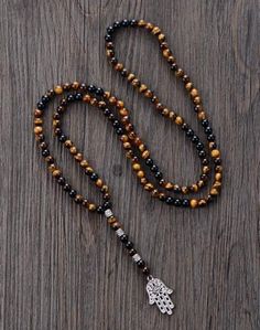 6 MM Tiger Eye & Onyx with Antique Beads Hamsa Fatima Hand Pendant Necklace for Men Mens Rosary Necklace, Mens Rosary, Mens Beaded Necklaces, Fatima Hand, Jewellery Pendant, Hand Pendant, Hamsa Pendant, Hamsa Necklace, Hand Necklace