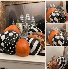 pumpkins decorated with black and white checkered fabric are displayed in front of a castle