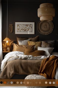 Inspiring Dark Moody Bedroom Color Palettes - Quiet Minimal Earth Coloured Bedroom, Moody Yellow Bedroom, Dutch Bedroom Aesthetic, Moody Bedroom Paint Colors, Earth Tones Bedroom Decor, Dark Moody Bedroom, Masculine Bedding, Dark Brown Bedrooms, Dark Bedrooms