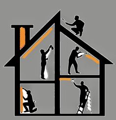 the silhouettes of two men working on a house and one man is painting the roof