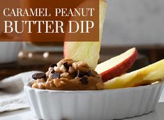 caramel peanut butter dip in a bowl with apples and chocolate chips on the side