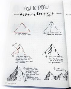 an open notebook with hand drawn mountain diagrams on the page and instructions for how to draw mountains