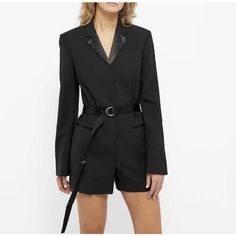 Helmut Lang Nwt Tuxedo Romper In Black Stretch Wool Size 6 $595.00. Measurements Shown In Photos. Belted Fitted Formal Pantsuit, Fitted Belted Pantsuit For Formal Occasions, Luxury Black Pantsuit For Work, Luxury Black Pantsuit For Office, Luxury Tailored Black Pantsuit, Helmut Lang Astro Jacket, Helmut Lang Archive, Helmut Lang, Black Stretch