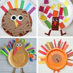 four different paper plates decorated with turkeys, turkey and bird crafts for kids to make