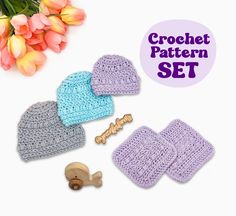 crochet hat, mittens and key set with flowers