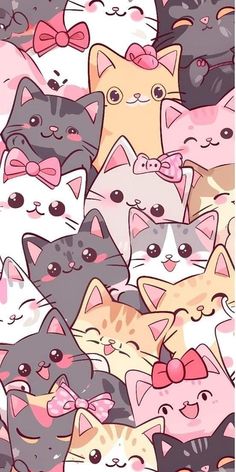 a bunch of cats with bows on their heads are all in the same color scheme