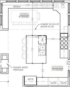 the floor plan for a kitchen with an island and seating area, as well as a dining