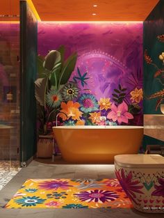 a bathroom decorated with colorful flowers and plants