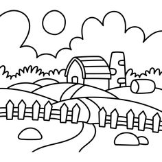 a black and white drawing of a farm scene