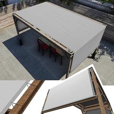 three different views of an outdoor shelter with tables and chairs on the outside, and in the inside