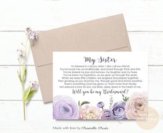 a card with the words, my sister and flowers on it