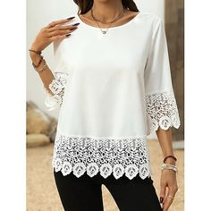 Season:Summer; Fabric:Polyester,Polyester; Sleeve Length:3/4 Length Sleeve; Look After Me:Machine wash,Washable,Wet and Dry Cleaning; Gender:Women's; Style:Casual,Elegant; Elasticity:Inelastic; Tops Type:Blouse,Dressy Tops; Occasion:Daily; Top Length:Regular; Fit Type:Regular Fit; Pattern:Solid Color,Plain; Design:Lace; Neckline:Crew Neck; Front page:FF; Listing Date:07/03/2024; Bust:null; Length:null; Sleeve:null; Fit US Size:null; Fit UK Size:null; Fit EU Size:null Top In Pizzo, Color Plain, Plain Blouse, Elegant Casual, Dressy Tops, Women Shirts Blouse, Lace Shirt, White Summer, Wet And Dry