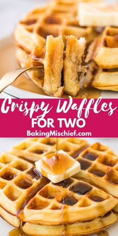 two waffles with syrup being drizzled over them and the words crispy waffles for two