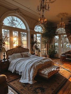 a large bed sitting in the middle of a bedroom next to two windows with chandeliers hanging from them