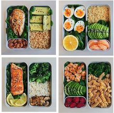 four different lunch boxes filled with food including rice, salmon, avocado, and other foods