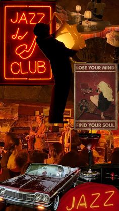 an old car is parked in front of a jazz club with neon signs above it