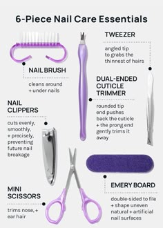 This kit contains everything you need to take care of your nails. File, clip, + care for your cuticles to keep your nails looking clean + neat on the go. 6 easy tools for fast nail care: Nail Brush: cleans around + under nails. Dual-Ended Cuticle Trimmer: rounded tip end pushes back the cuticle + the prong end gently trims it away. Nail Clippers: cuts evenly, smoothly, + precisely, preventing future nail breakage. Mini Scissors: trims nose, + ear hair. Emery Board: double-sided to file + shape u Nail Care Tools And Equipment Drawing, How To Clip Nails, Best Nail Care Products, Nail Care Set, Nails Products Tools, Taking Care Of Nails, Nail Tools Kit, Nail Essentials Products, Nail Kit Aesthetic