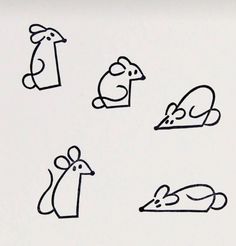 six drawings of different types of animals on a white paper background, including a mouse and a bird