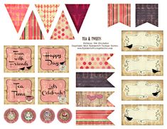 an assortment of pink and red paper with tags, banners, and other decorative items