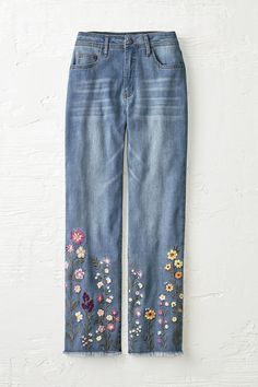 These free-spirited cropped jeans have an optimistic vibe, with embroidered wildflowers on both legs. Soft-brushed stretch denim and 5-pocket styling with raw-edge hems. Embroidered Jeans Outfit, Wildflower Embroidery, Light Feminine, Flower Print Pattern, Flower Pants, Denim Embroidery, Denim Crafts, Upcycled Denim, Embroidered Jeans