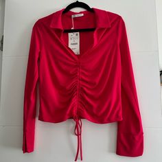 Rouched Tie Front Shirt. Dark Hot Pink, Super Flattering Collar And Cut. Wear To Work Or Out On The Town. Originally Bought In Belgium On Vacation, But Never Ended Up Wearing. Original Price Is 18 Which Is About $20 Trendy Stretch Zara Blouse, Zara Stretch Casual Blouse, Zara Trendy Collared Tops, Zara Collared Party Blouse, Zara Collared Blouse For Party, Zara Ruched Party Tops, Zara Stretch Long Sleeve Blouse, Zara Long Sleeve Stretch Blouse, Pink Collared Zara Top