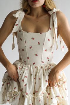 The Siena Mini Dress in Fraise – wildroseandsparrow Cute Outfits Dresses Girly, Handmade Dress Design, High Neck Dresses, Summer Wedding Guest Dress, Mini Summer Dress, Cute Mini Dress, Strawberry Dress, Diy Vetement, Vintage Aesthetics