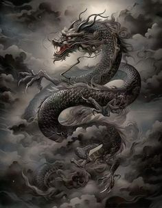 a dragon is flying through the sky with its mouth open and it's tail curled up