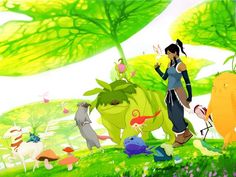 the princess and the frog are standing in front of some trees with animals around them