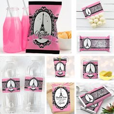 pink and black paris themed party supplies including candy bar wrappers, water bottle labels, and more